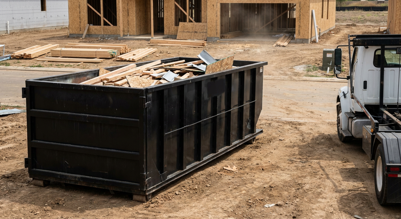 Matte-black 20-yard roll-off construction dumpster with heavy ribbed steel sidewalls and swing rear doors at a working jobsite in Wilmington, sitting directly on compacted dirt with an unmarked white hauler partially visible at the far edge of the frame.