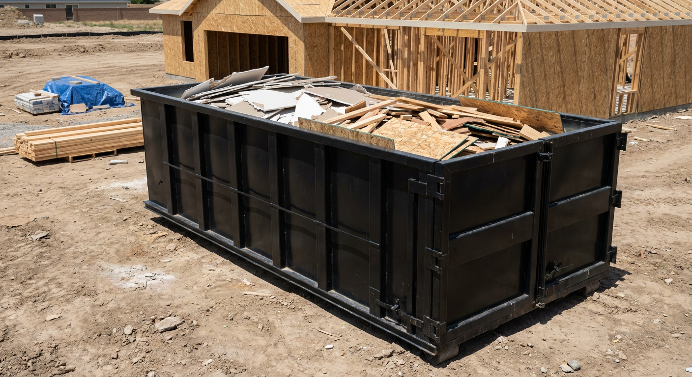 Matte-black 30-yard roll-off construction dumpster sitting directly on the compacted-dirt site of a framed single-family home build in Wilmington, drywall and lumber scrap loaded inside.