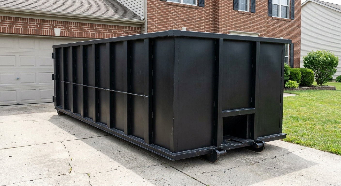 Matte-black 20-yard roll-off container on a Wilmington residential concrete driveway with reinforced ribbed steel sidewalls and a hinged rear walk-in door, clean bright daylight.