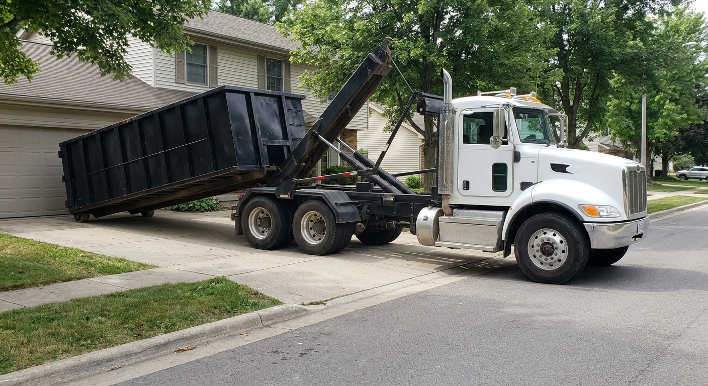 White-cab hooklift roll-off truck actively lowering a matte-black dumpster onto a Wilmington residential concrete driveway, the dumpster's rear wheels touching the driveway as the hoist arm tilts the bed forward, mid-morning daylight.