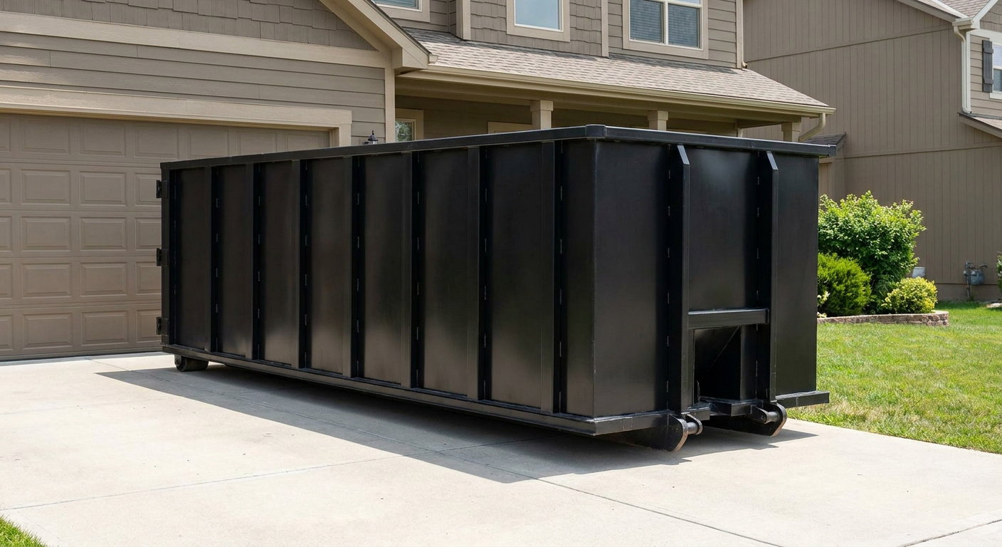 Matte-black residential roll-off dumpster sitting directly on a suburban Wilmington concrete driveway, garage door closed, single-family home in background, bright morning daylight.