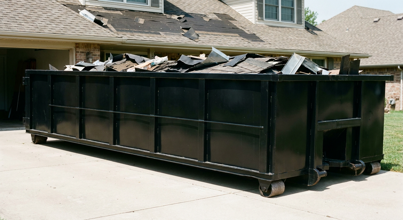 Matte-black 20-yard roofing roll-off dumpster with steel ribbed sides and swinging rear door, sitting directly on the concrete driveway of a two-story Wilmington home, asphalt shingle debris being loaded over the low wall, clean documentary lighting.