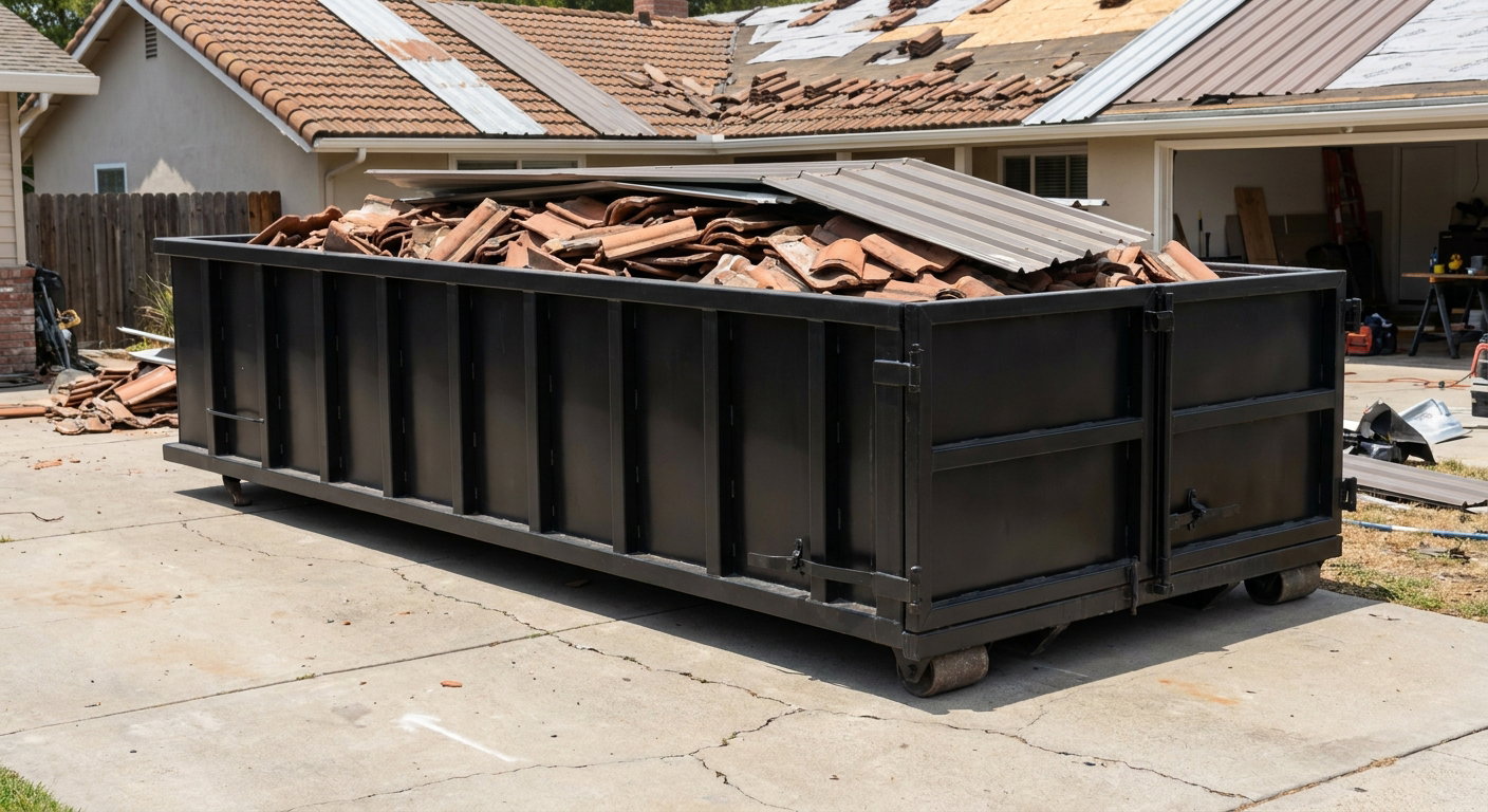 Matte-black low-wall heavy-debris roofing roll-off dumpster sitting directly on a Wilmington concrete driveway, broken concrete clay roof tiles and metal panel sections loaded inside, reinforced ribbed steel side walls visible, bright outdoor daylight.