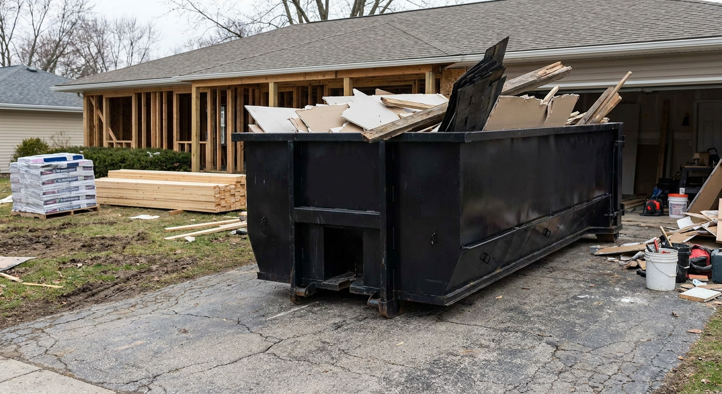 A matte-black 20-yard roll-off dumpster placed alongside a mid-renovation Wilmington home directly on the asphalt driveway, with framing materials and torn-off shingles staged neatly nearby.